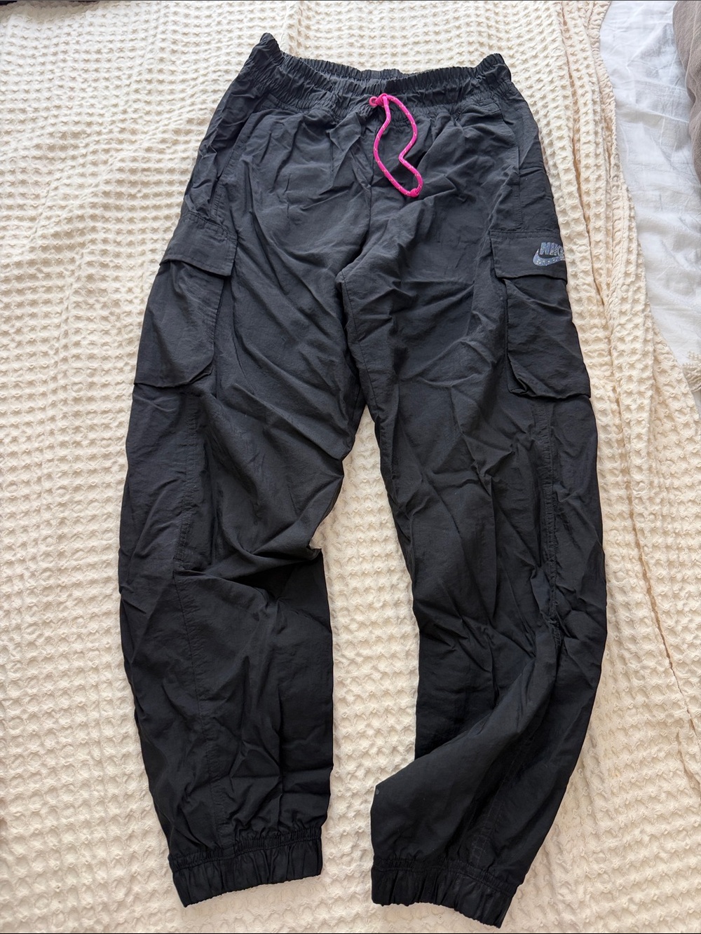 Nike Black Cargo Jogger Pants with Pink Drawstring